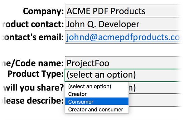 Screen-shot of Excel file with product type dropdown selected.