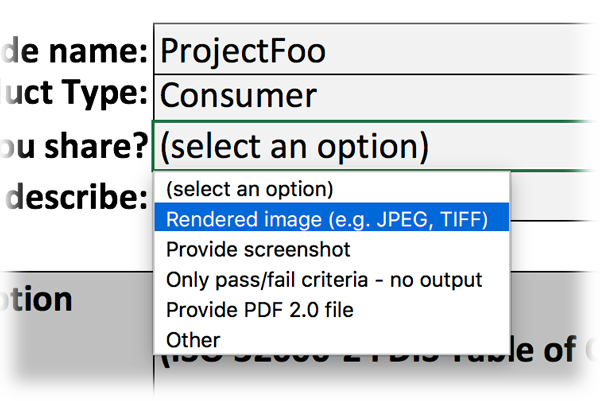 Screen-shot of Excel file with test-outcome reporting dropdown highlighted.