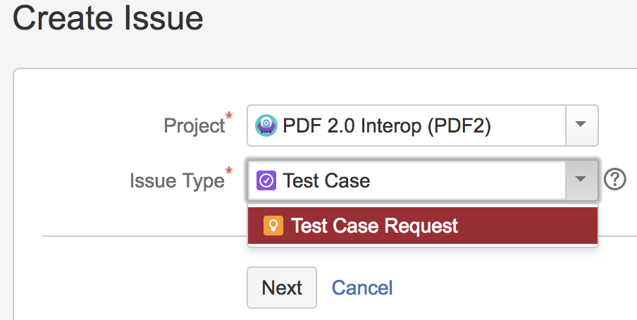 New issue dialog; choose test file or test-request.