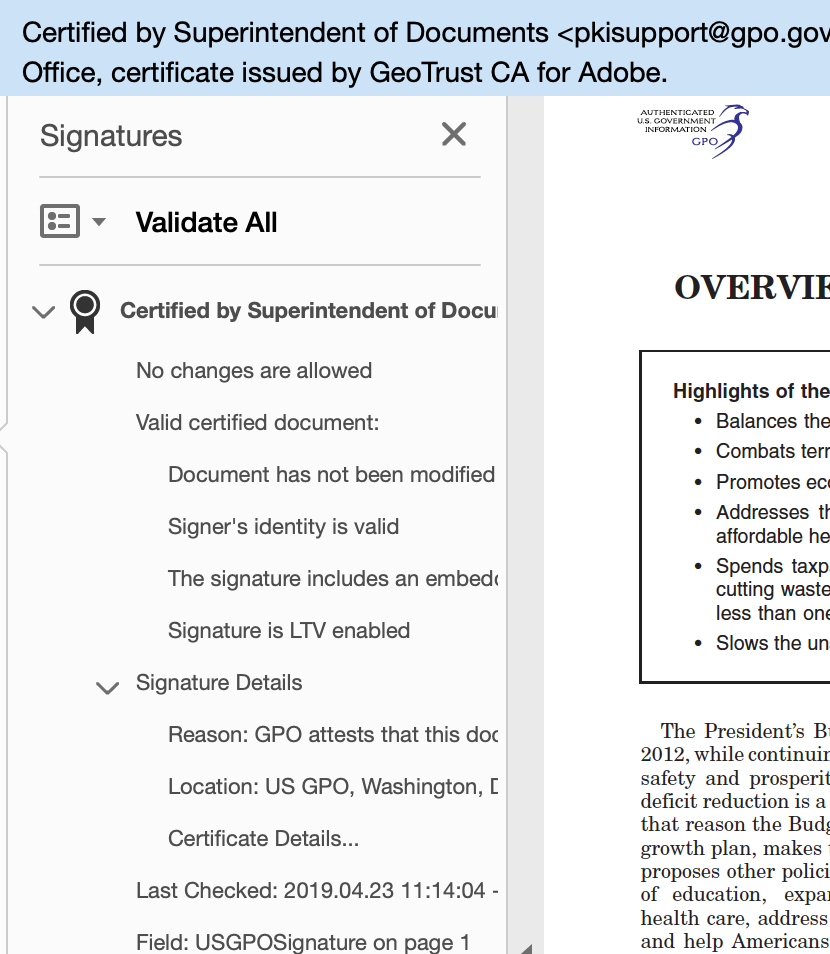 Screen shot showing a digital signature panel in a document signed by the GPO.