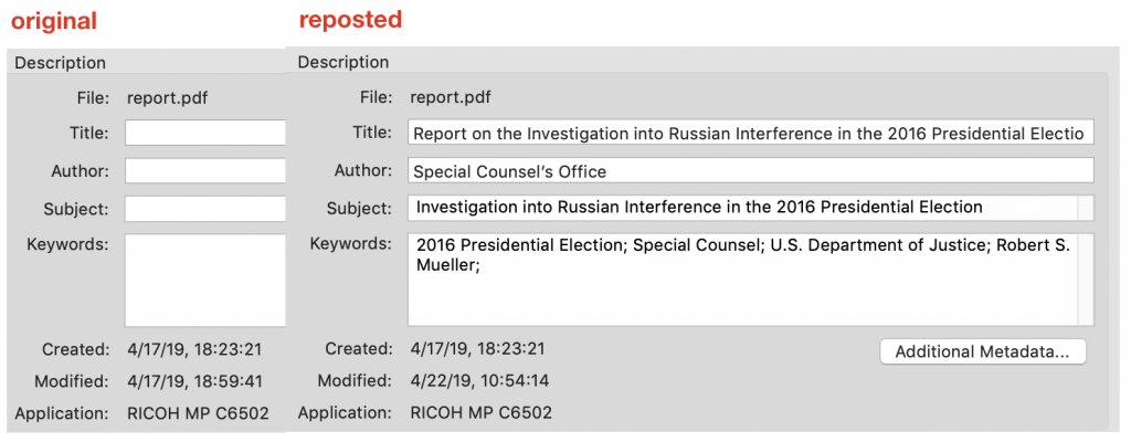 Screen shot of metadata dialogs for the old and new files.