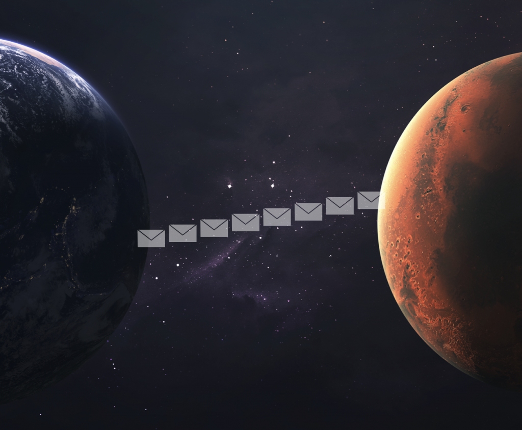 Earth and Mars connected by email.