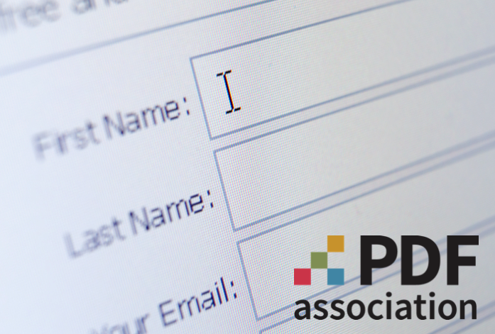 Electronic form with fields for first name, last name, and your email with the PDF Association logo.