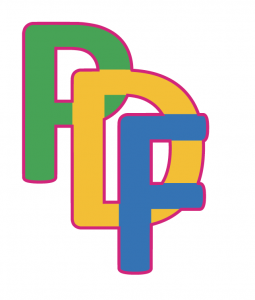 Capital P in green overlaid on top of D and f with a bold pink line around the edges