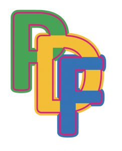 Capital P in green overlaid on top of D and f with a bold pink line around the edges inserted from the edge a little