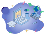 sketch with graduation cap, laptop, vase with flowers, globe, and mobile phone symbolizing education