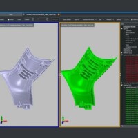 3D images showing the part in two windows with the parts list on the right. The part is gray in one and green in the other.