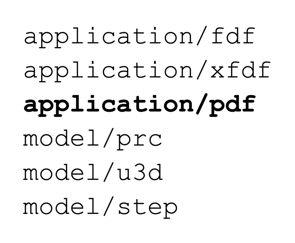 application/fdf, application/xfdf, application/pdf, model/prc, model/u3d, model/step