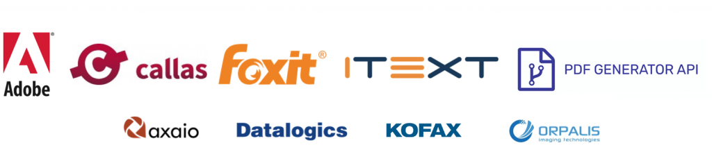 Logos of Adobe, callas, foxit, iText, Actual Reports, axaio, Datalogics and Orpalis.