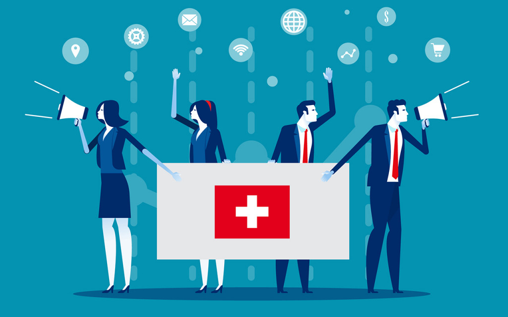 Two women and two men holding Swiss flag