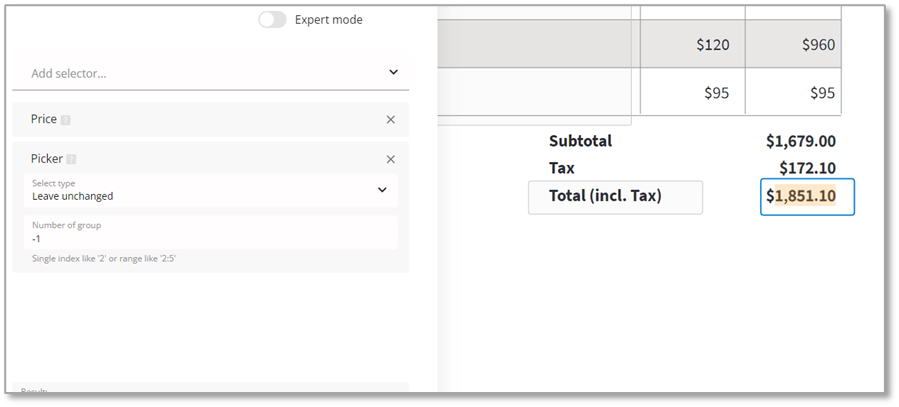 Price selector configuration