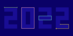 Dark purple background with squares and rectangles outlined in light blue, orange, green and other colors