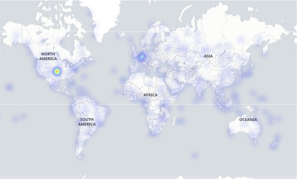 Heat map of the globe showing the geo-location of all 8M PDFs in the SafeDocs corpus.