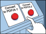Two red buttons one with Convert to PDF/A-1 and the other with Convert to PDF/A-2 and a finger getting ready to tap one of the buttons