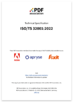 PDF Association cover for ISO TS 32001 sponsored by Adobe, Apryse and Foxit.
