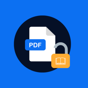 PDF Reader experience showing a PDF document in a black circle with a lock and book symbol to the lower right corner of the PDF