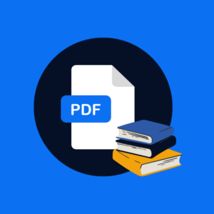 PDF in a black circle with books in lower right corner