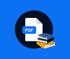 PDF in a black circle with books in lower right corner