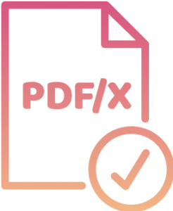 PDF/X on a rectangle made to look like a paper with a check mark in a circle in the lower right corner