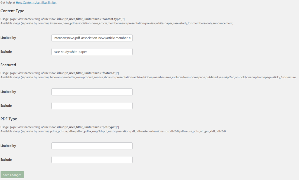 Settings for user-filter limiter