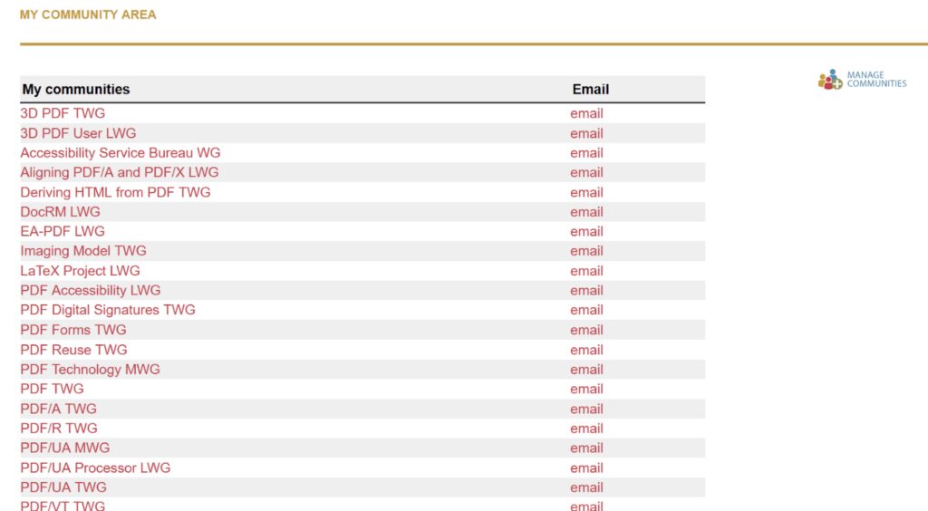 Screen shot of Member Area showing a list of subscribed communities.