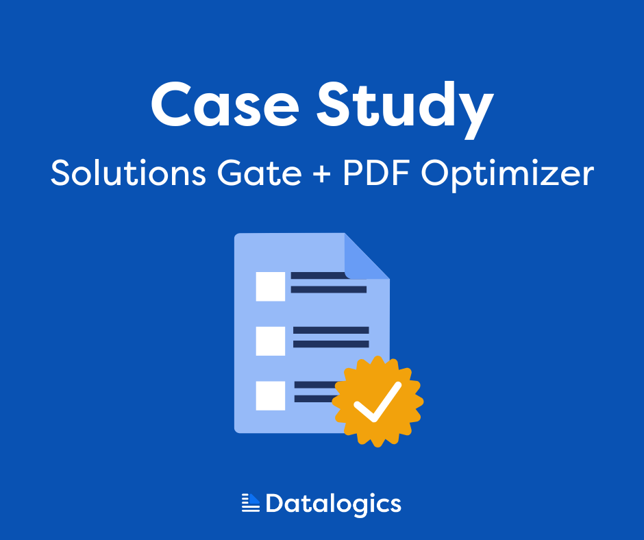 Case study - Solutions Gate + PDF Optimizer on dark blue background with to do list icon and Datalogics logo