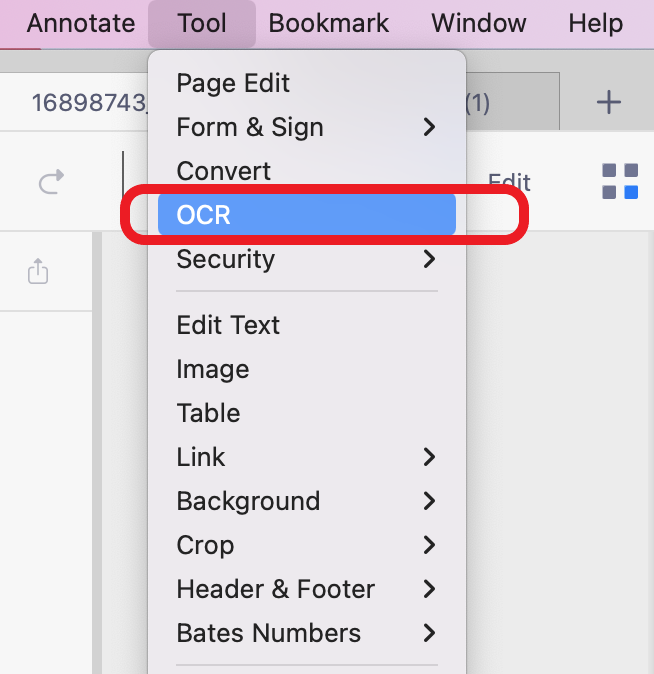 Screenshot of Tools dropdown menu with OCR highlighted.