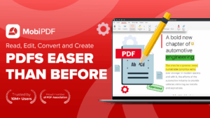 MobiPDF - PDFs Easier than before with a picture of a PDF document on a laptop screen