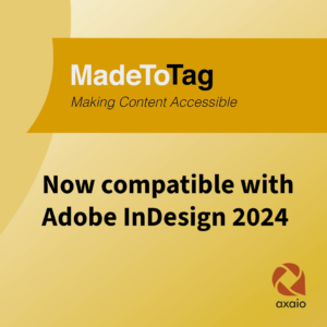 MadeToTag logo with Now compatible with Adobe InDesign 2024