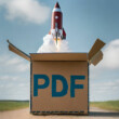 PDF on an open cardboard paper box with a rocket blasting off