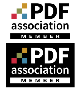 Two versions of the PDF Association member logo, one for a white background, the other for a dark background.