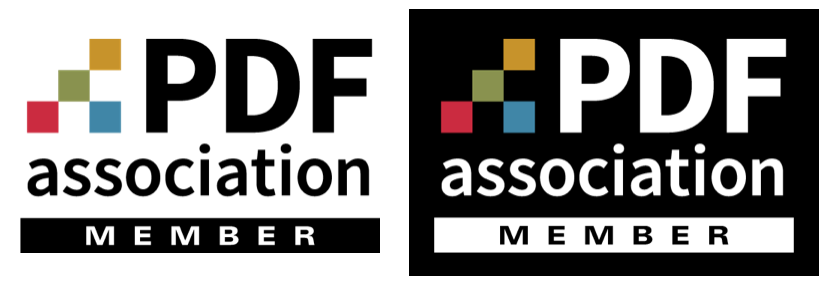 Two versions of the PDF Association member logo, one for a white background, the other for a dark background.