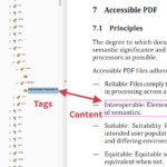 Screenshot of a PDF page and associated tag tree. The tag's associated content is highlighted; an arrow connects the two.