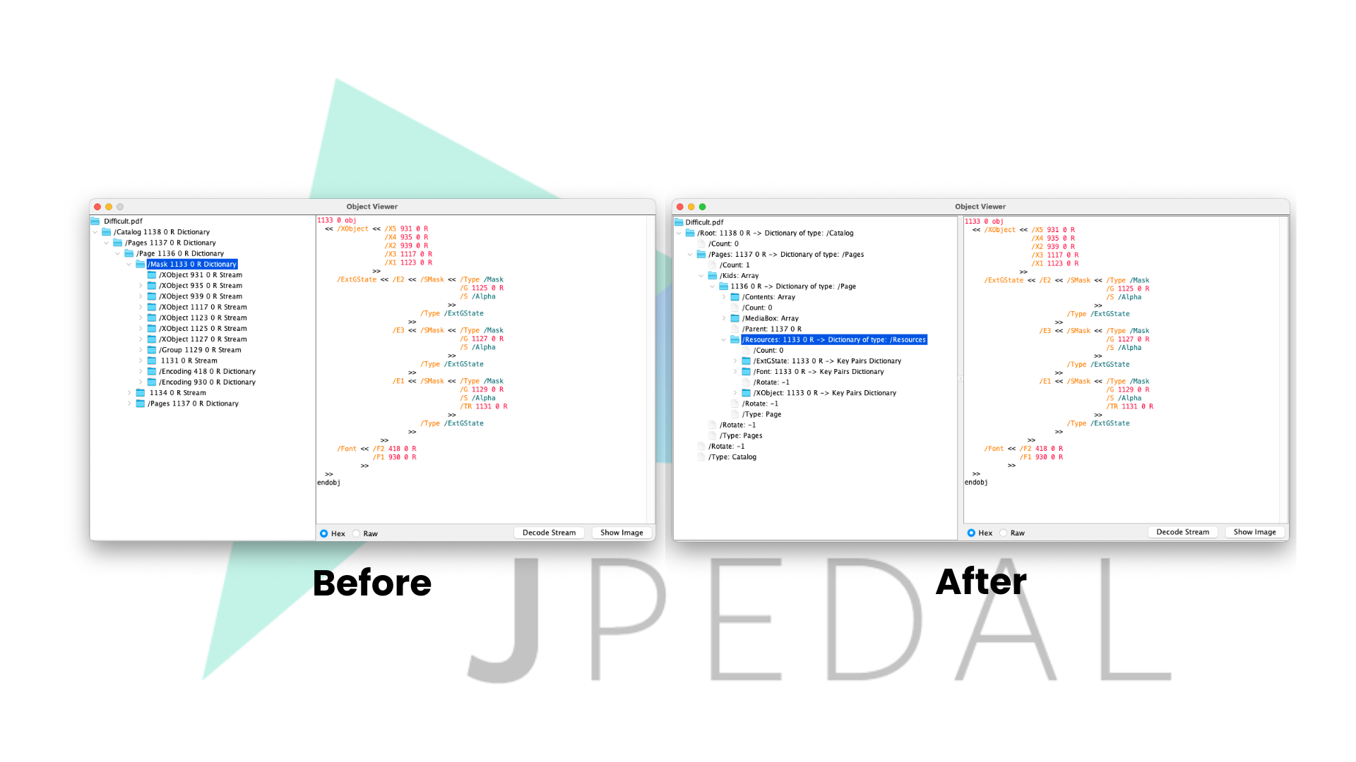 Shows before and after screens for JPEDAL object viewer