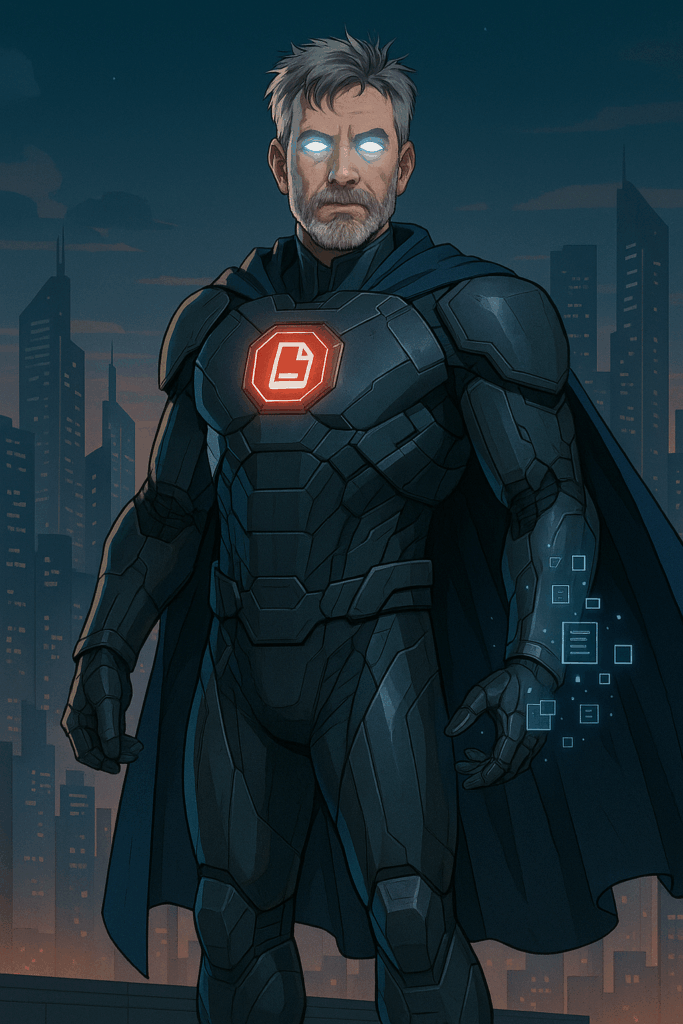 AI-generated image of Duff with glowing eyes and wearing power-armor with a red document logo in the chest.