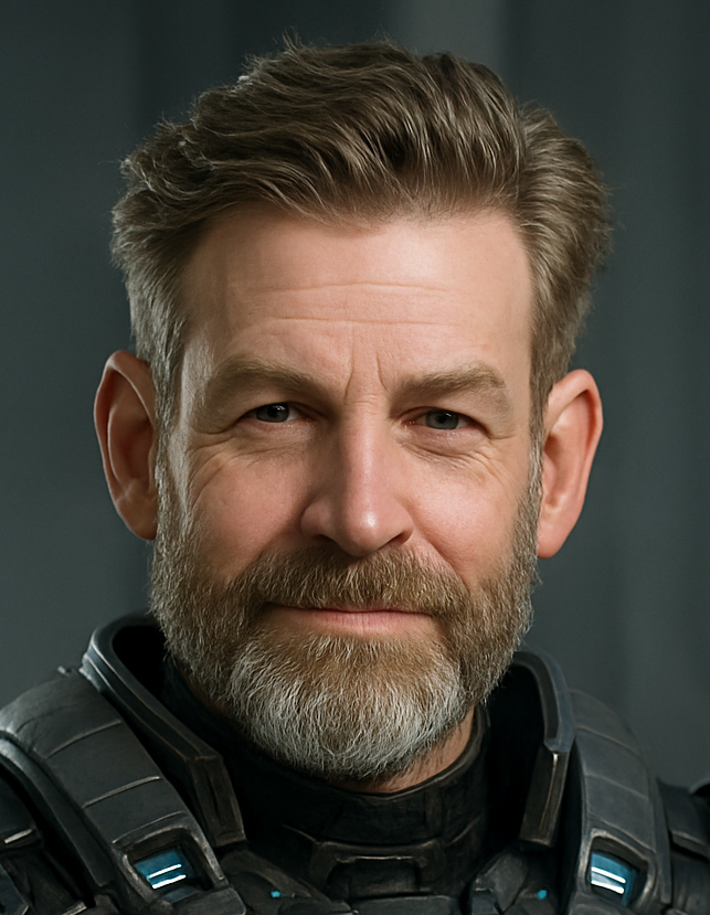 AI-generated image of Duff wearing futuristic armor.