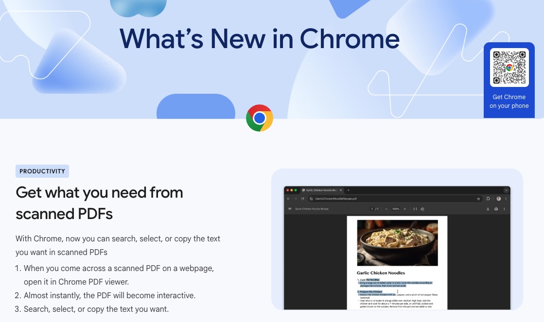 Screen-shot from the What's New in Chrome blog featuring the headline: "Get what you need from scanned PDFs"
