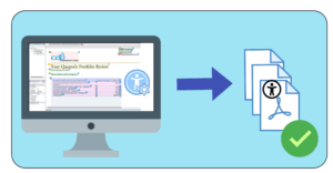 icon-style computer monitor showing the ADEPT UA interface and an arrow pointing to icon style PDF Sheets with the UA symbol on them.