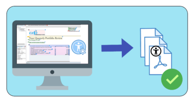 icon-style computer monitor showing the ADEPT UA interface and an arrow pointing to icon style PDF Sheets with the UA symbol on them.