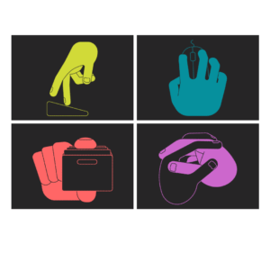 Illustrations of a finger on a keyboard, hand on a mouse, a hand holding files, black and white hands clasped together.