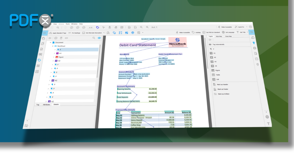 PDFix Desktop interface showing an Accessible PDF document with automatically generated tag tree and semantic structure, demonstrating template-driven accessibility compliance. 