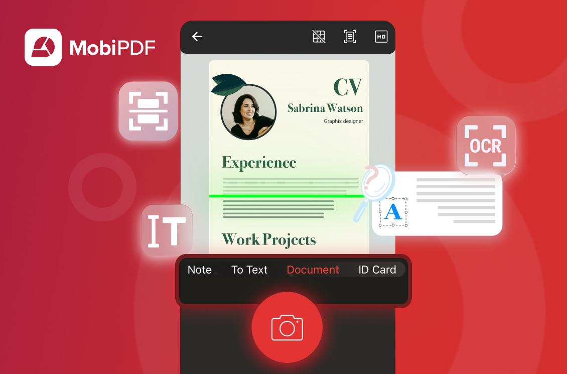 MobiPDF app displaying CV document scan with OCR text recognition icons and document processing options.