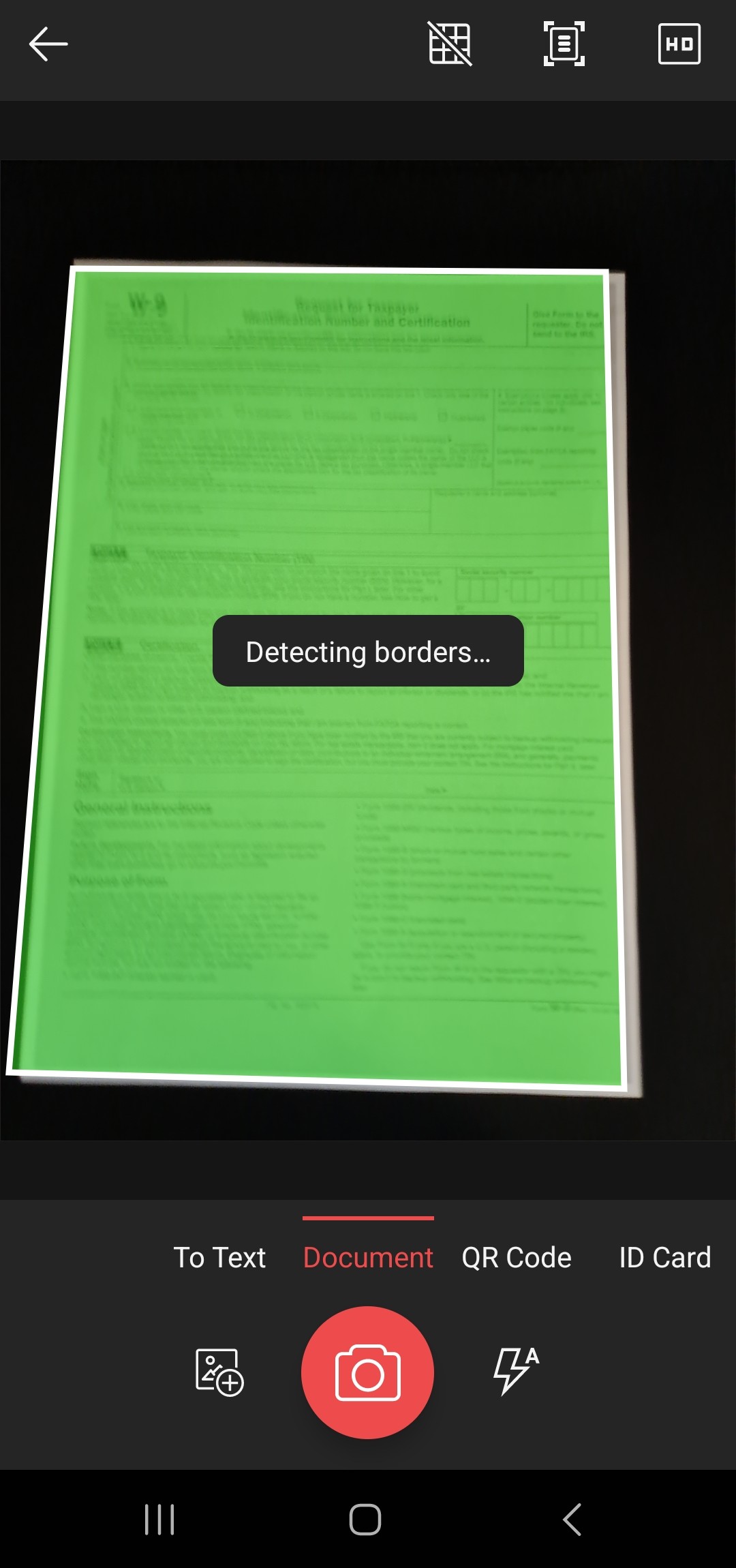 MobiPDF border detection feature processing a green document with 'Detecting borders' status message.