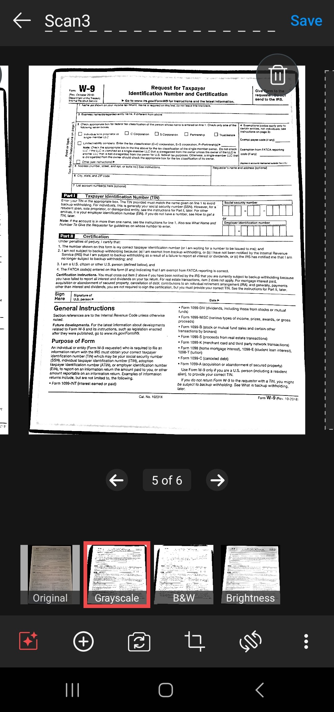 W-9 tax form scanned in MobiPDF app showing taxpayer identification number request and certification sections.