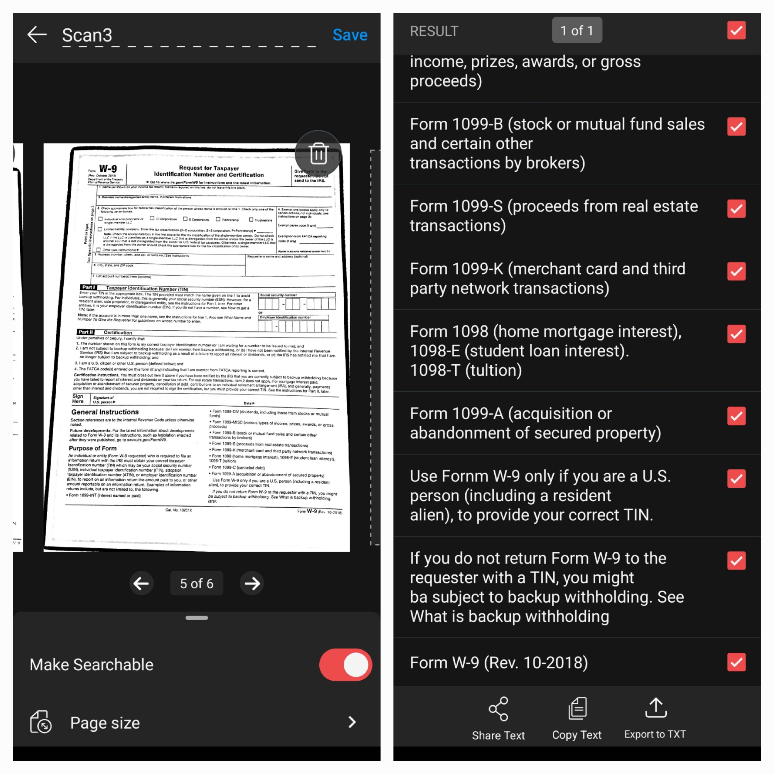 MobiPDF OCR text extraction results showing searchable tax form content with copy and export options.
