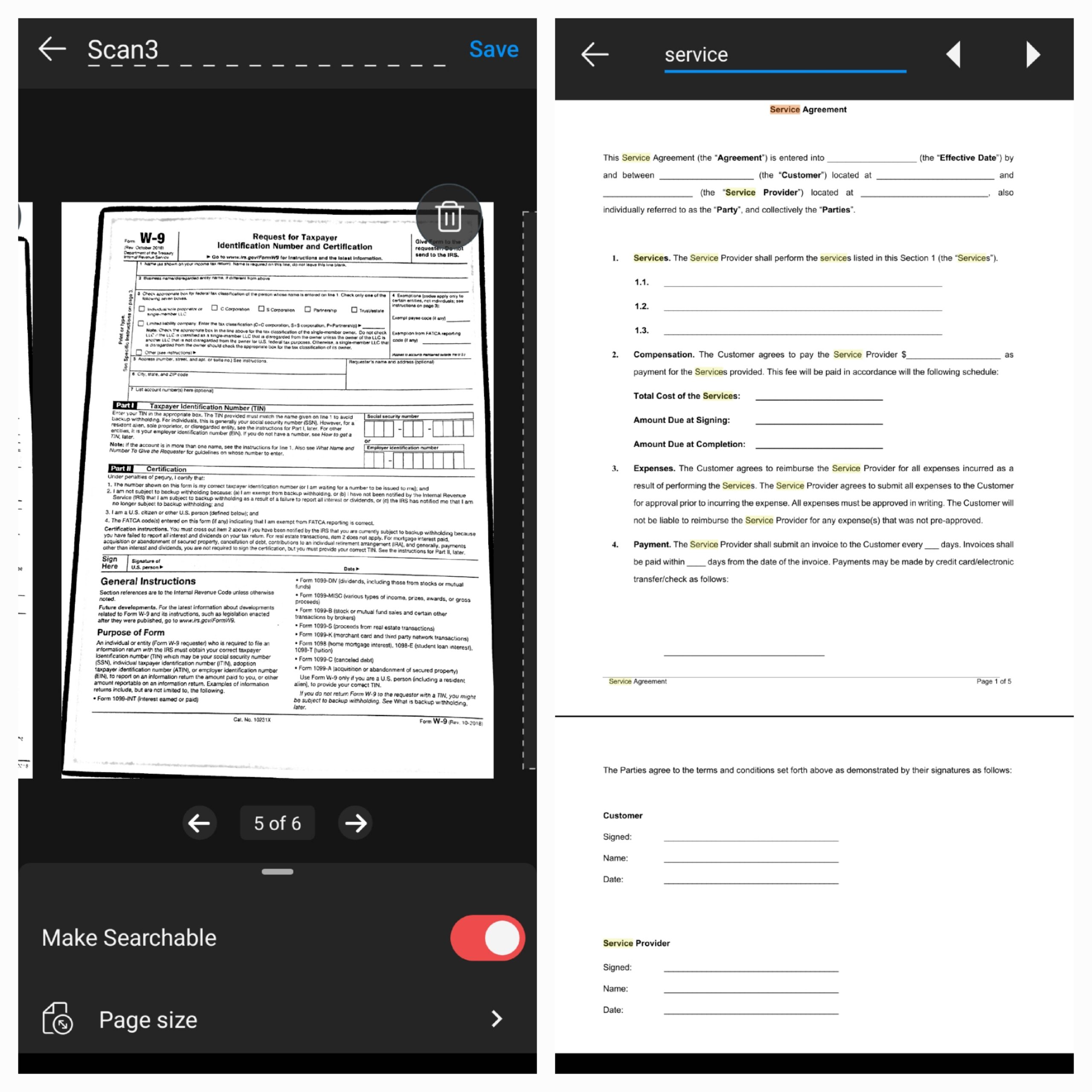 Split screen view of MobiPDF showing W-9 form scan alongside service agreement document template.