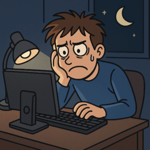 AI-generated cartoon of a frustrated computer user late at night. 