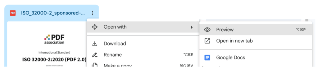 Screenshot of the context menu for a document on the Google Drive, with "Google Preview" highlighted.
