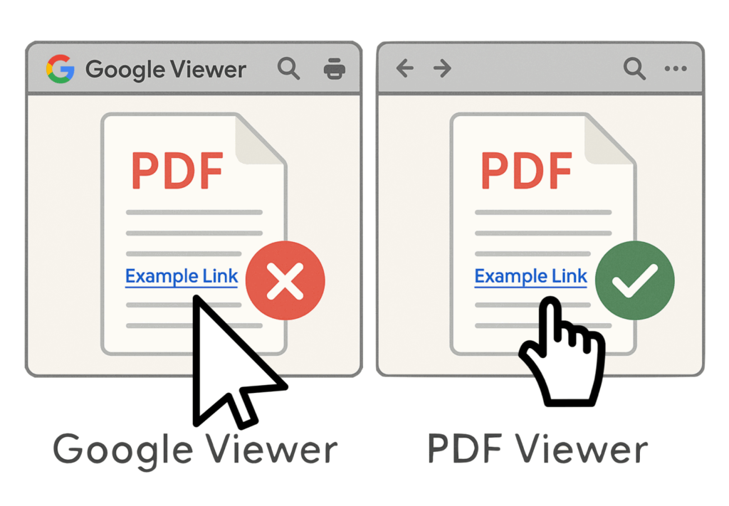 Illustration showing a functional link in a PDF Viewer but a non-functional link in a Google Viewer.