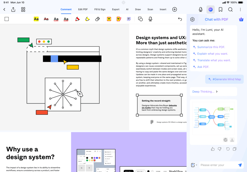 Screenshot showing Chat with PDF and AI with mindmap